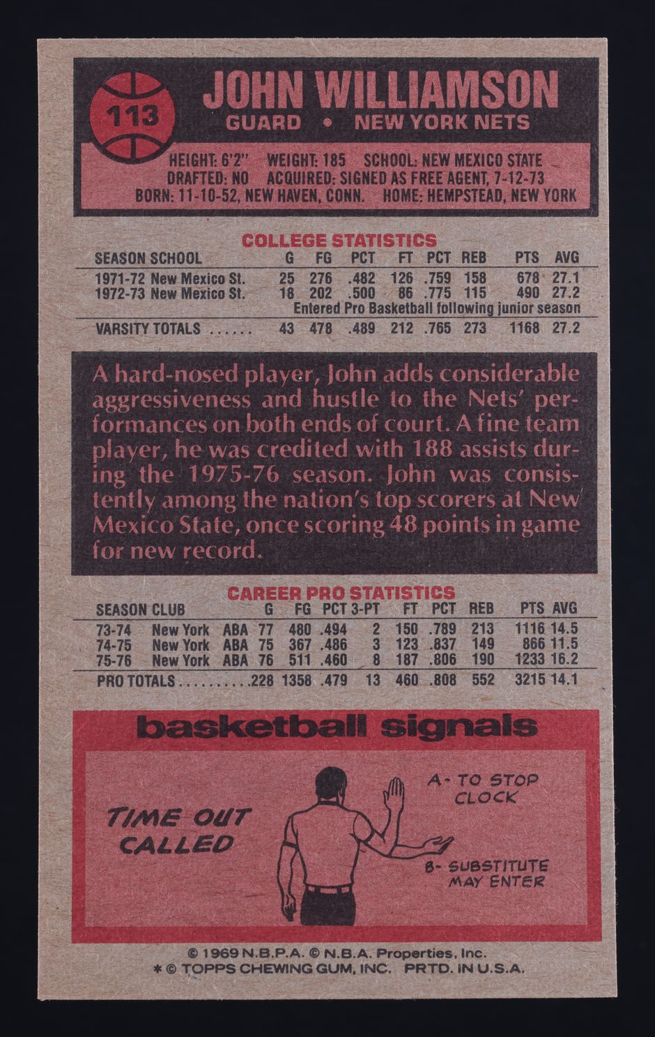 1976 Topps Basketball John Williamson #113 MBA AUTH