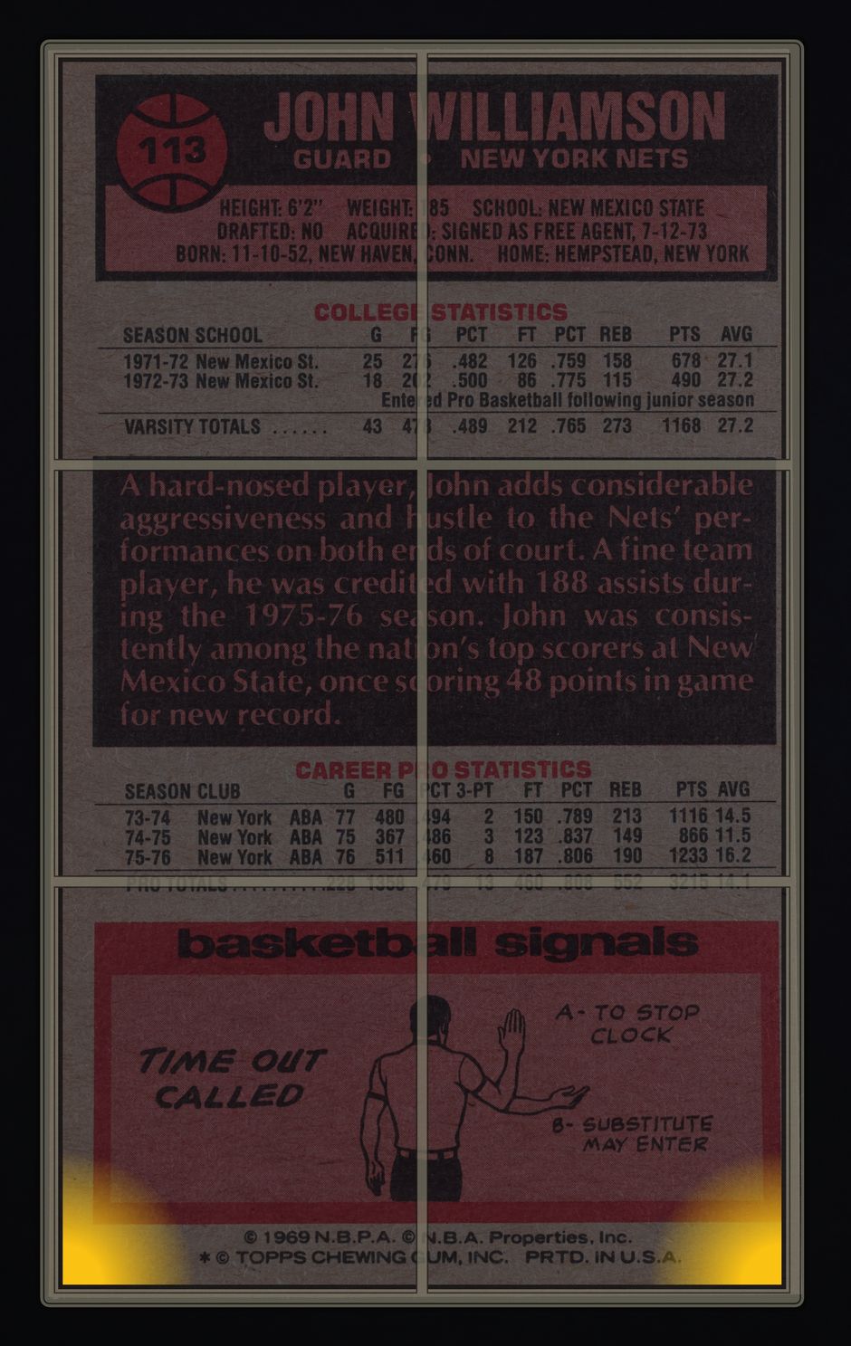 1976 Topps Basketball John Williamson #113 MBA AUTH