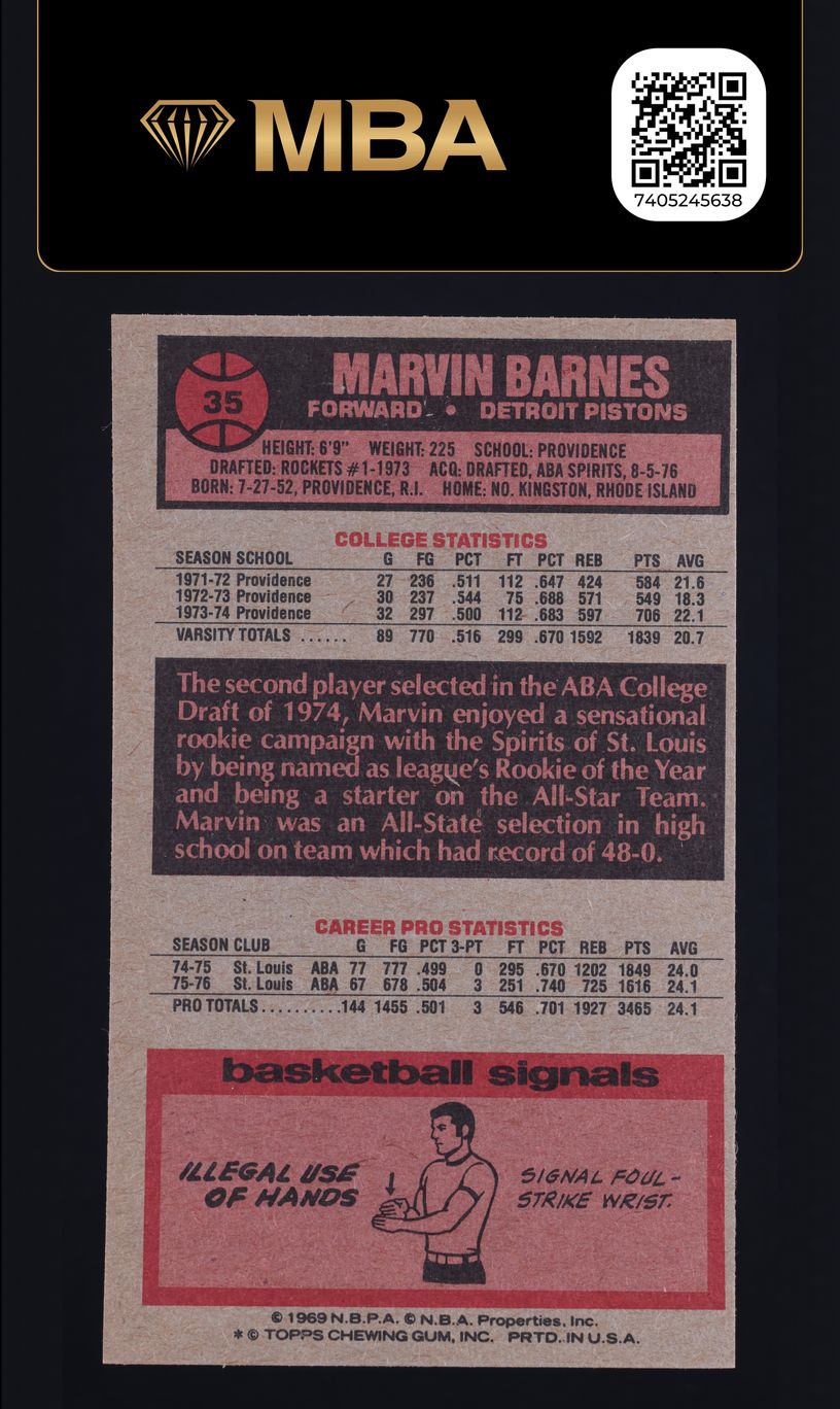 1976 Topps Basketball Marvin Barnes #35 MBA AUTH