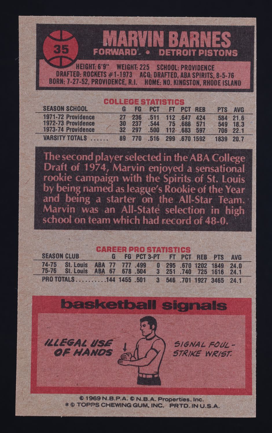 1976 Topps Basketball Marvin Barnes #35 MBA AUTH
