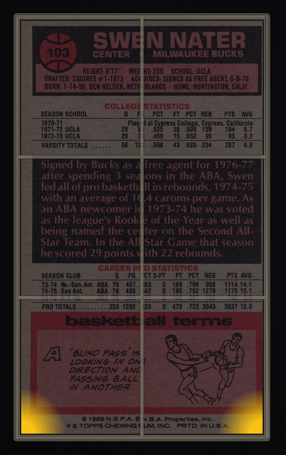 1976 Topps Basketball Swen Nater #103 MBA AUTH
