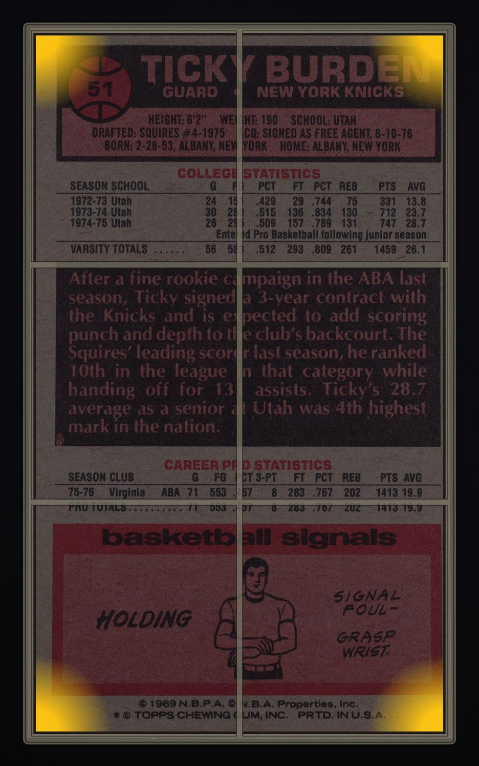1976 Topps Basketball Ticky Burden ROOKIE #51 MBA AUTH