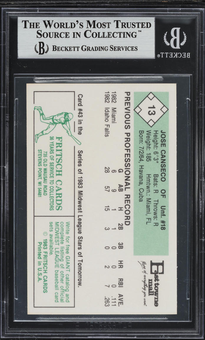 1983 Madison Muskies Fritsch Jose Canseco ROOKIE AUTO #13 BGS AUTH