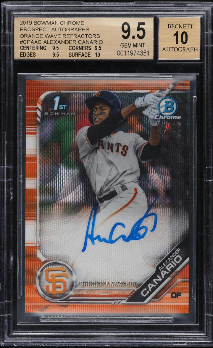 2019 Bowman Chrome Orange Wave Refractor Alexander Canario RC AUTO /25 BGS 9.5