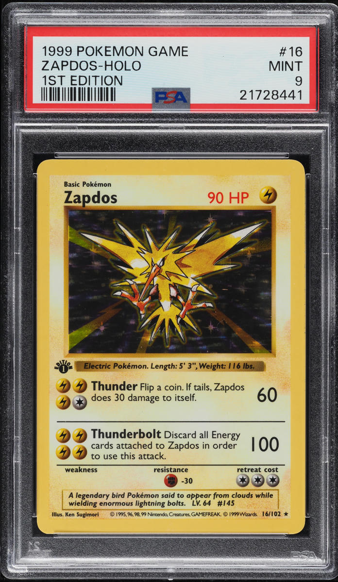 1999 Pokemon Base Set Shadowless 1st Edition Holo Zapdos #16 PSA 9 MINT