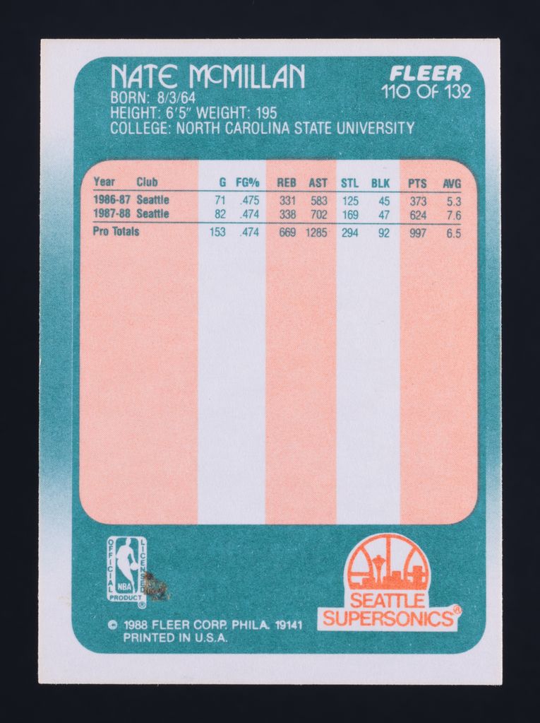 1988 Fleer Basketball Nate McMillan #110 MBA AUTH