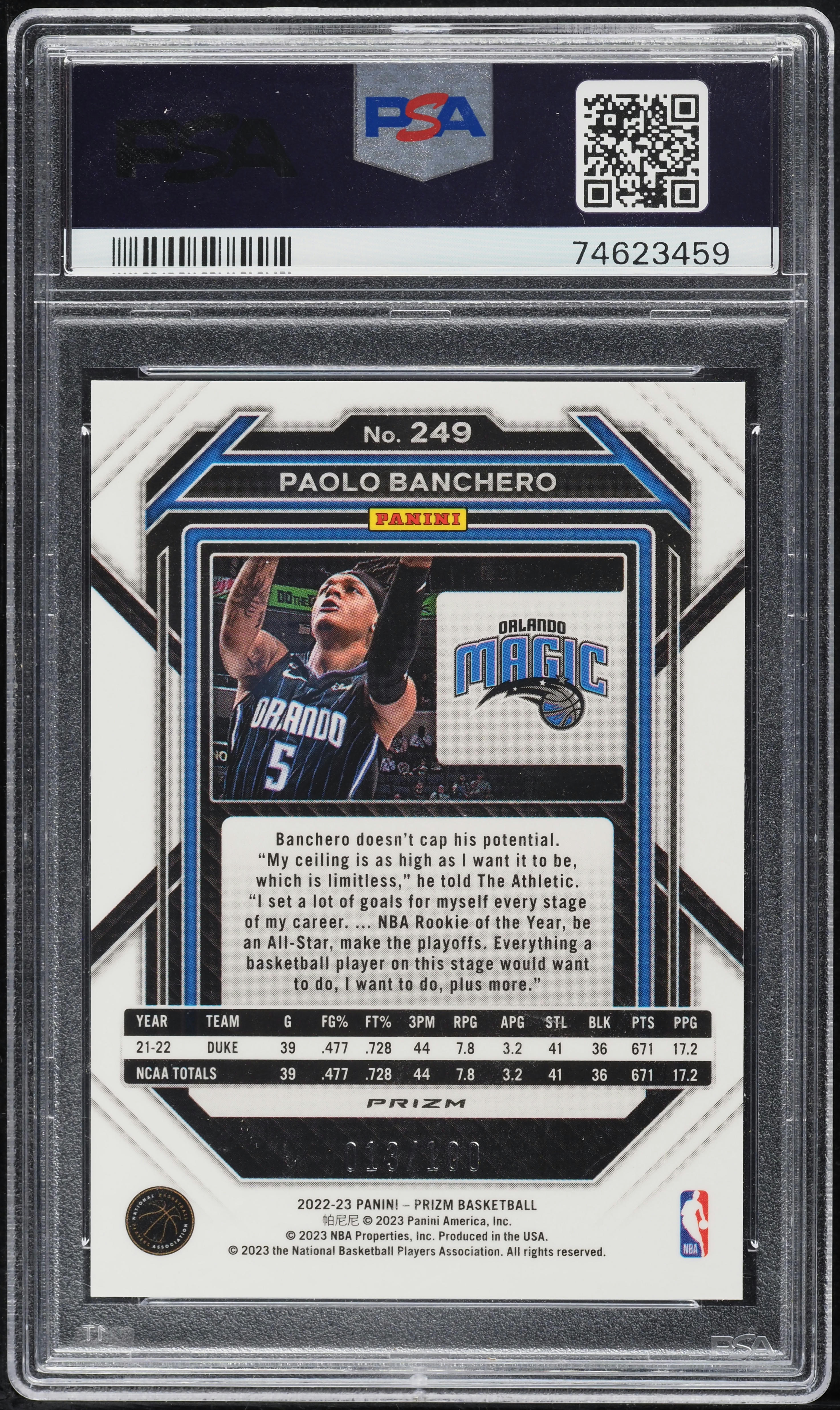 2022 Panini Prizm Red Fast Break Paolo Banchero ROOKIE /100 #249