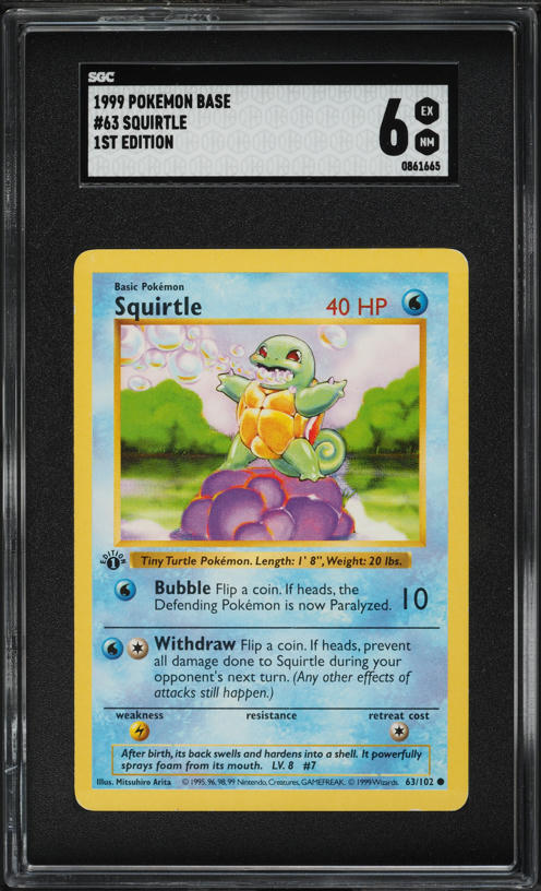 1999 Pokemon Base Set Shadowless 1st Edition Squirtle #63 SGC 6 EXMT