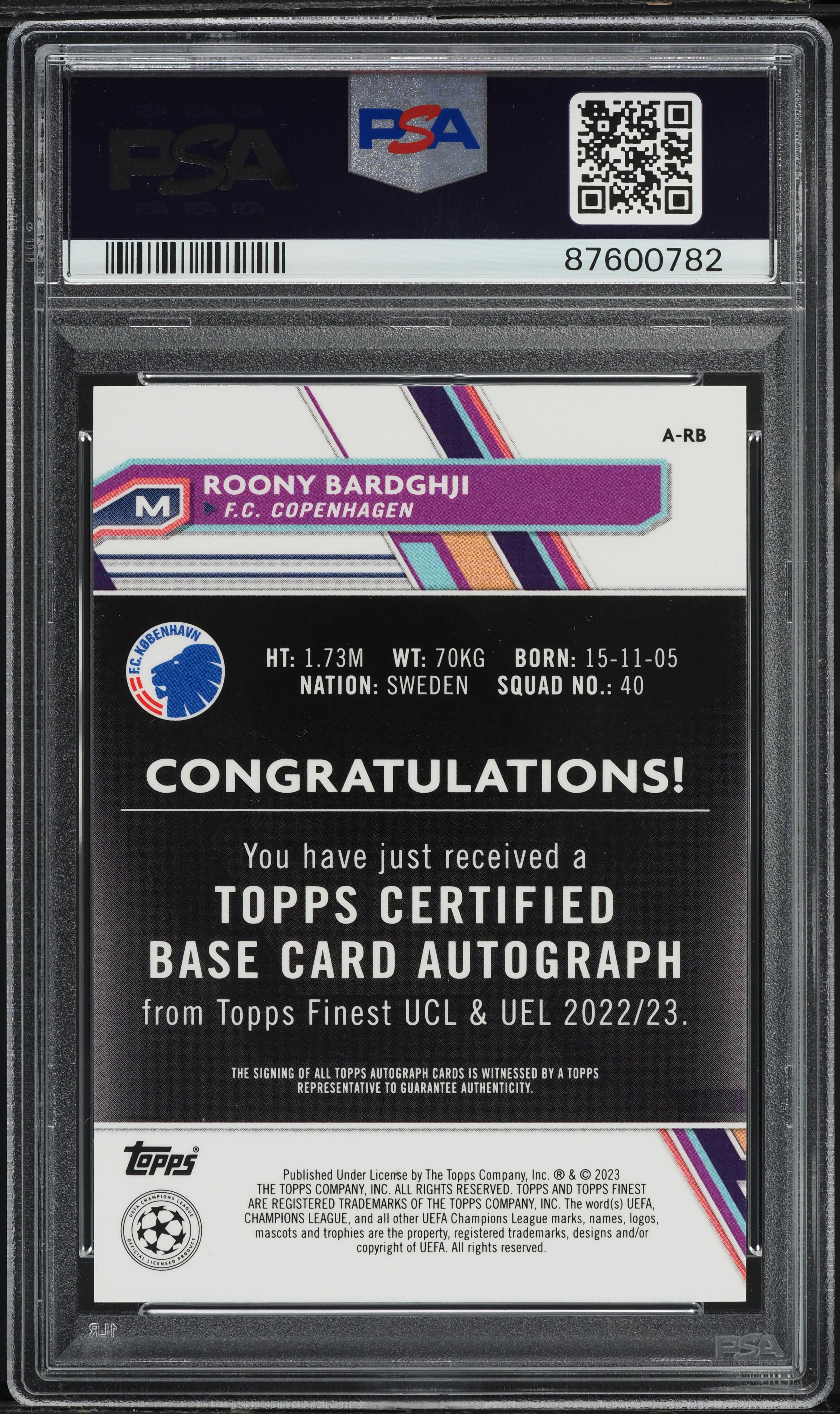 2022 Topps Finest UCC Roony Bardghji ROOKIE AUTO #ARB PSA 10 GEM
