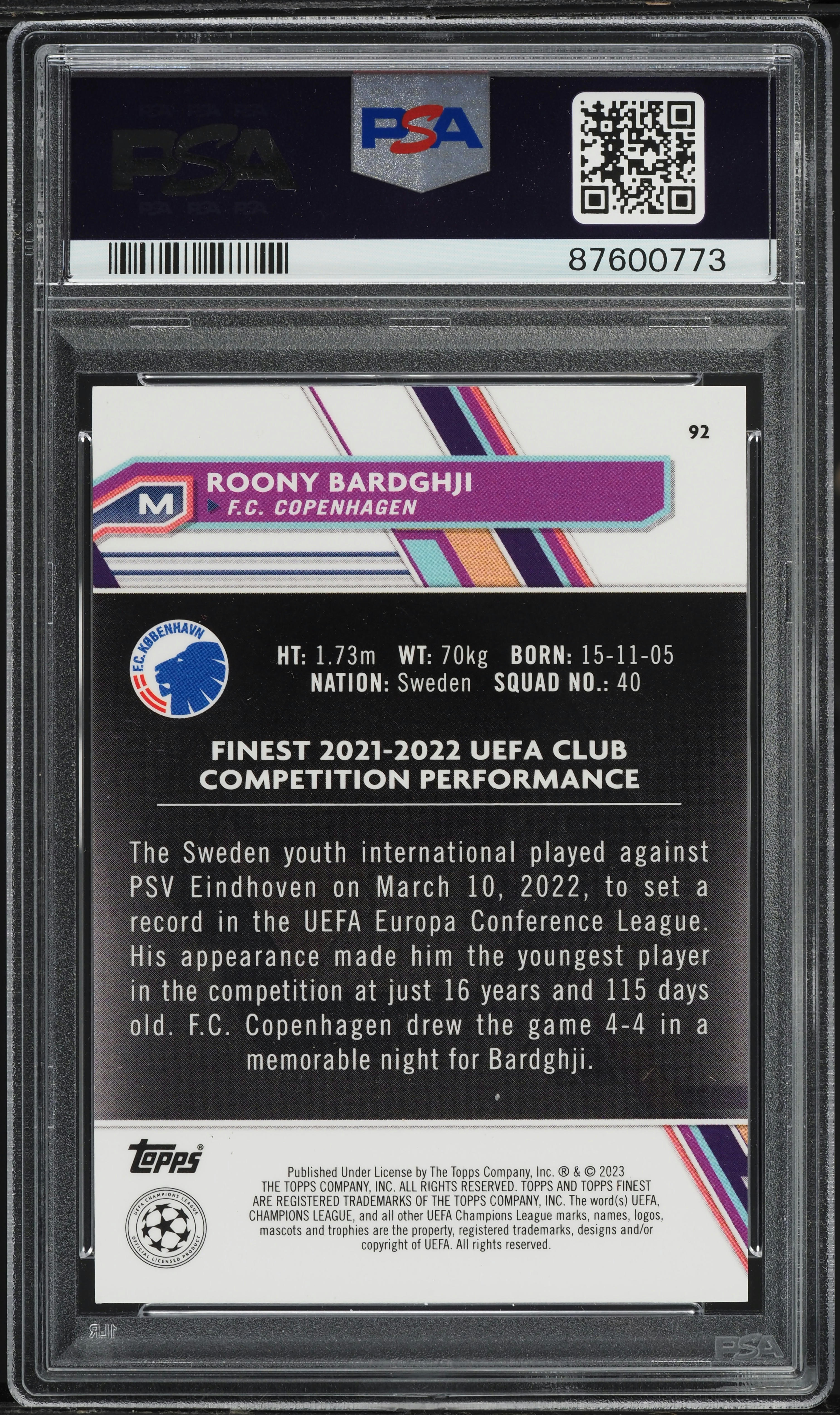 2022 Topps Finest UCC Orange Roony Bardghji ROOKIE /25 #92 PSA 10