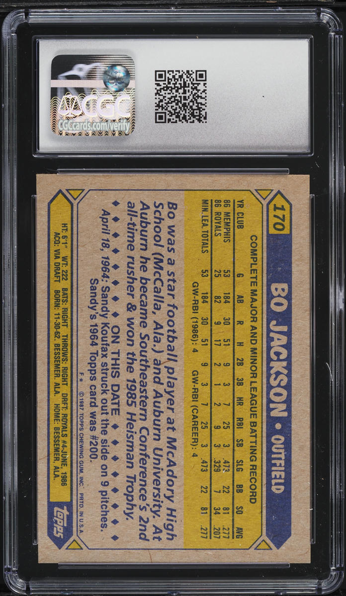 1987 Topps Bo Jackson ROOKIE #170 CGC 8.5 NM-MT+