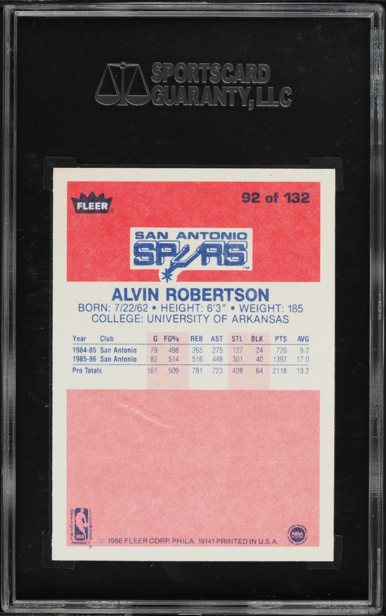 1986 Fleer Basketball Alvin Robertson ROOKIE #92 SGC 9 MINT