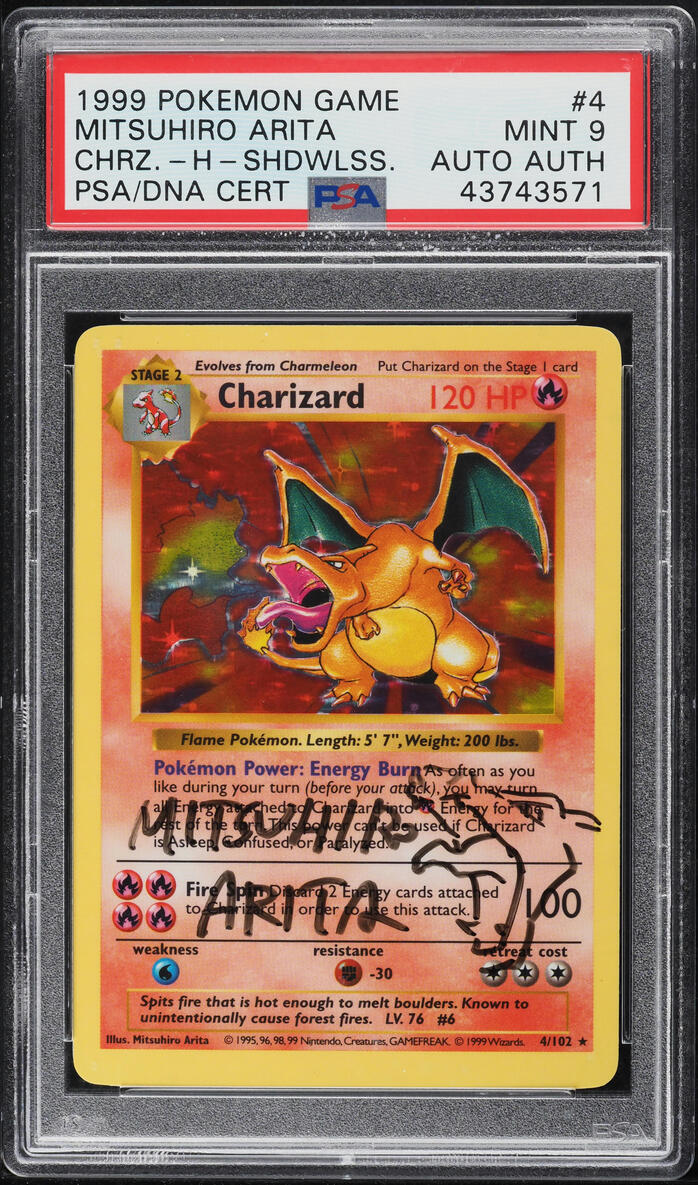 1999 Pokemon Base Set Shadowless Holo Charizard Mitsuhiro Arita AUTO #4 PSA 9