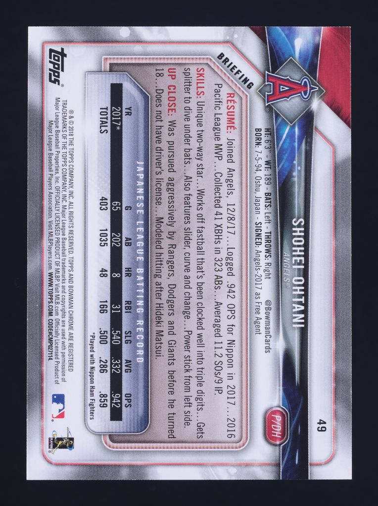 2018 Bowman Purple Shohei Ohtani ROOKIE /250 #49 MBA AUTH