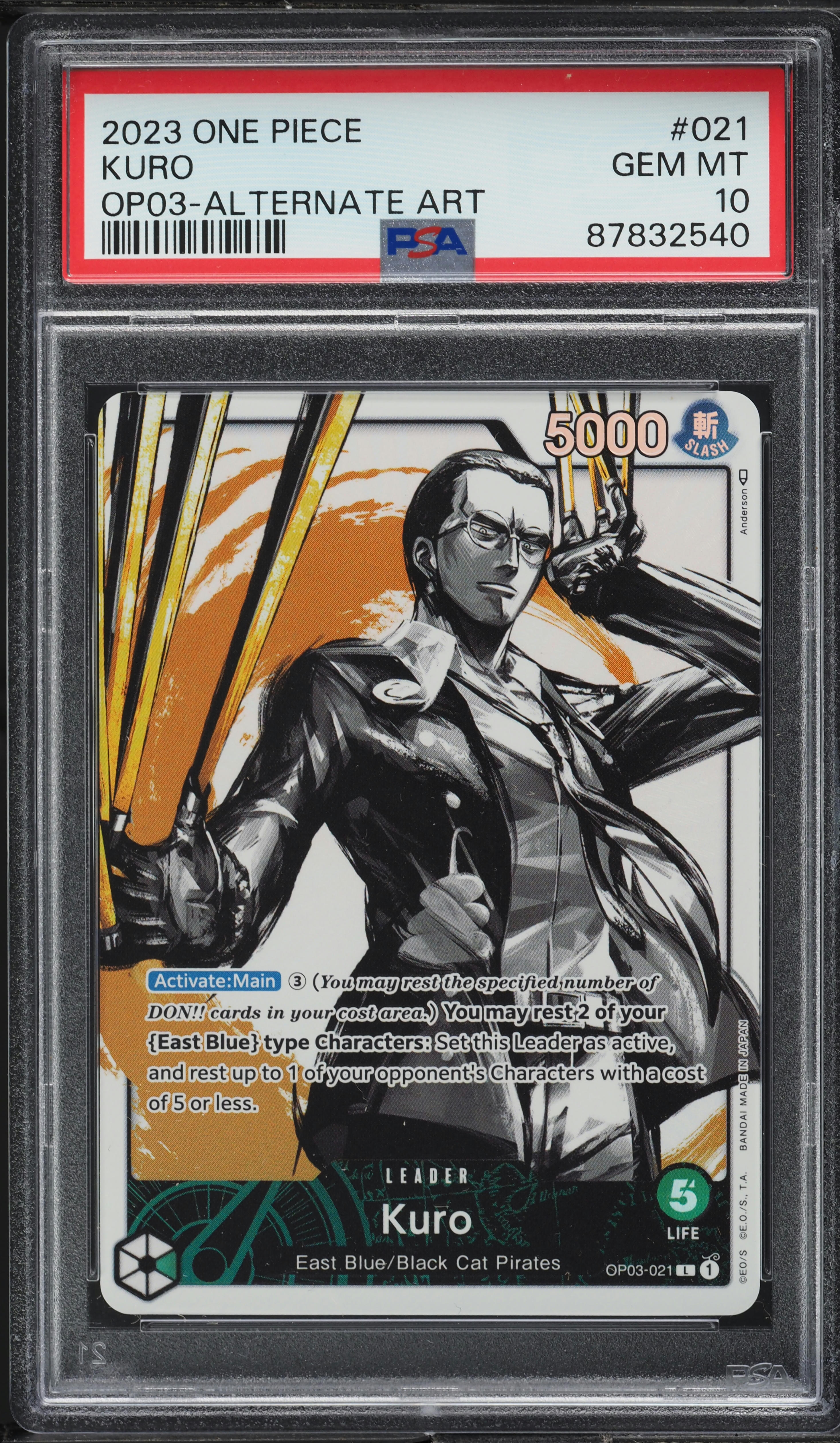 2023 One Piece Pillars Of Strength Alt Art Kuro #OP03-021 PSA 10