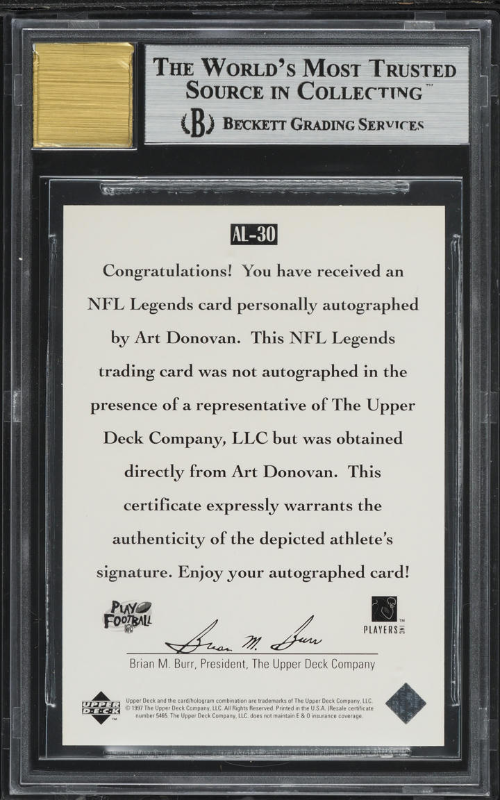 1997 Upper Deck Legends AUTO Art Donovan #AL30 BGS 9 MINT
