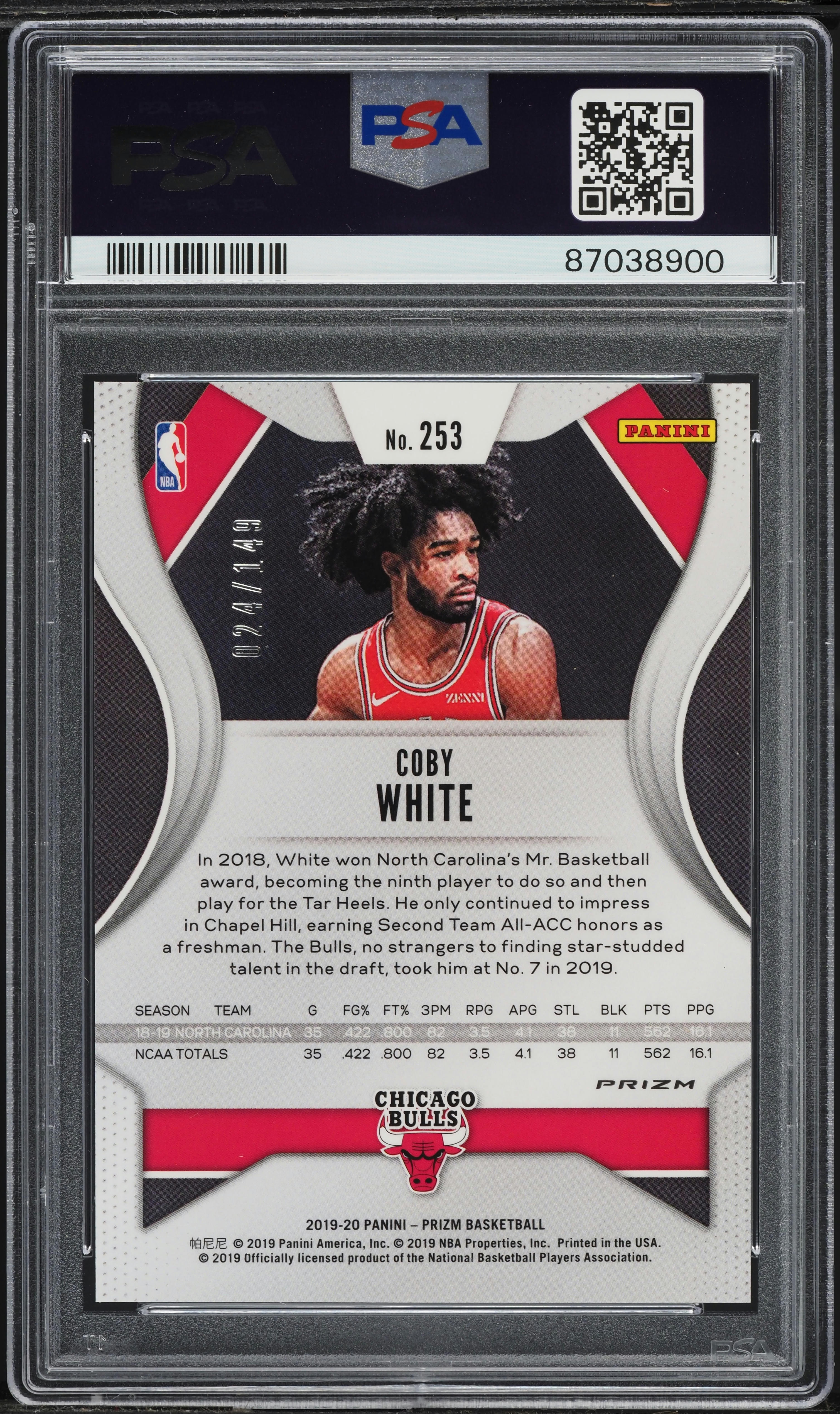 2019 Panini Prizm Purple Ice Coby White ROOKIE /149 #253 PSA 10