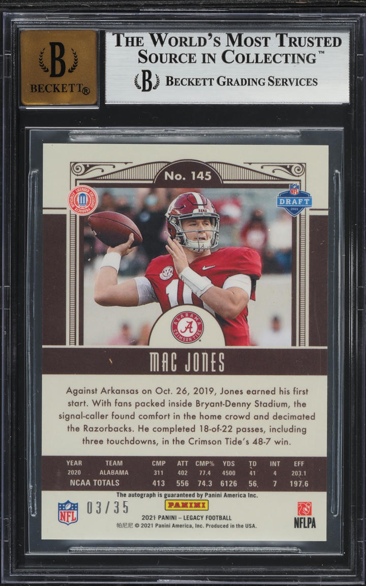 2021 Panini Legacy Premium Penmanship Sapphire Mac Jones ROOKIE AUTO /35 BGS 9