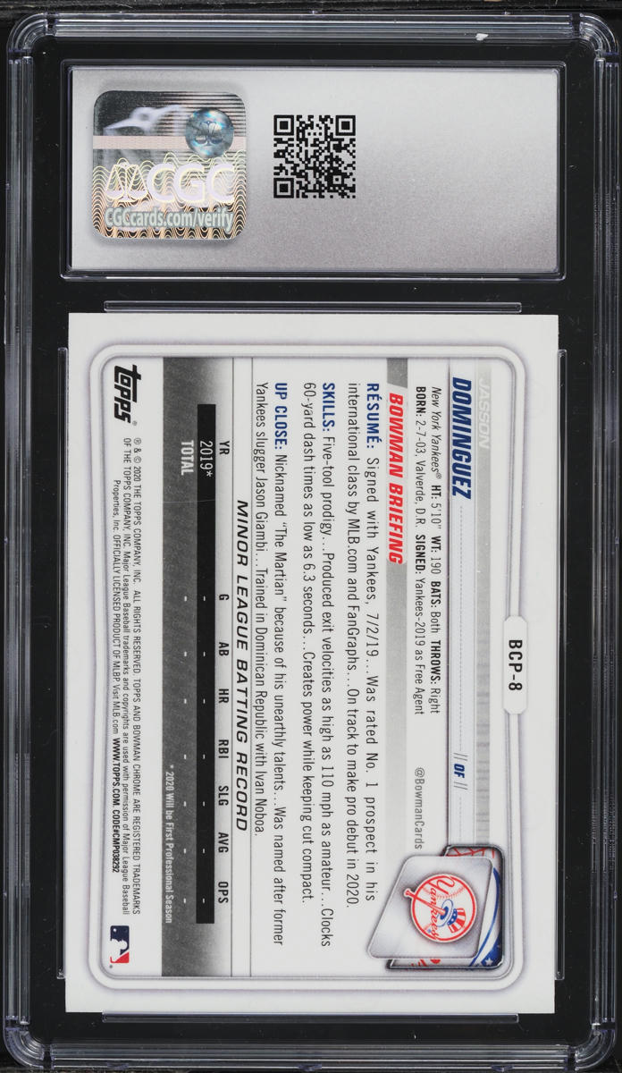 2020 Bowman Chrome Prospects Jasson Dominguez ROOKIE #BCP-8 CGC 10 GEM MINT