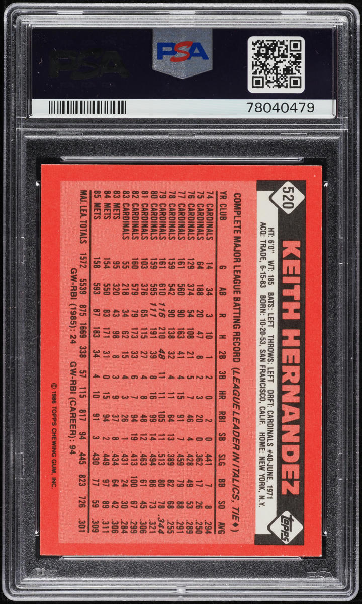 1986 Topps Tiffany Keith Hernandez #520 PSA 9 MINT