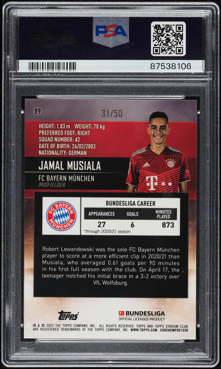 2021 Stadium Club Chrome Bundesliga Gold Refractor Jamal Musiala /50 PSA 10 GEM
