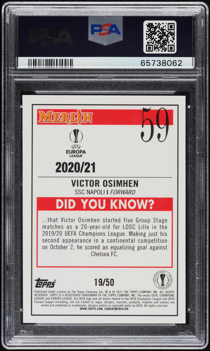 2020 Topps Merlin Chrome UEFA Gold Atomic Victor Osimhen ROOKIE /50 PSA 10 GEM
