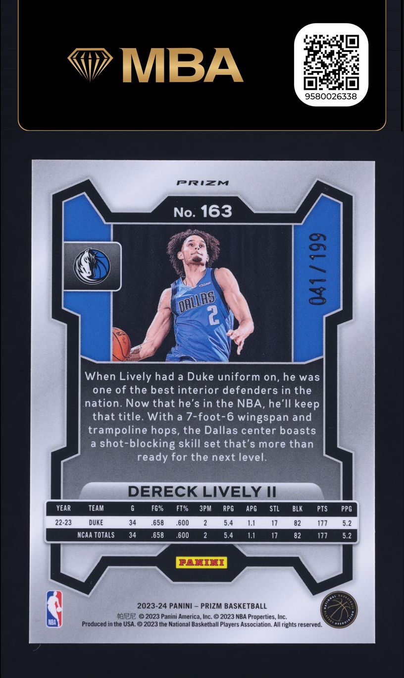 2023 Panini Prizm Blue Dereck Lively II ROOKIE /199 #163 MBA AUTH