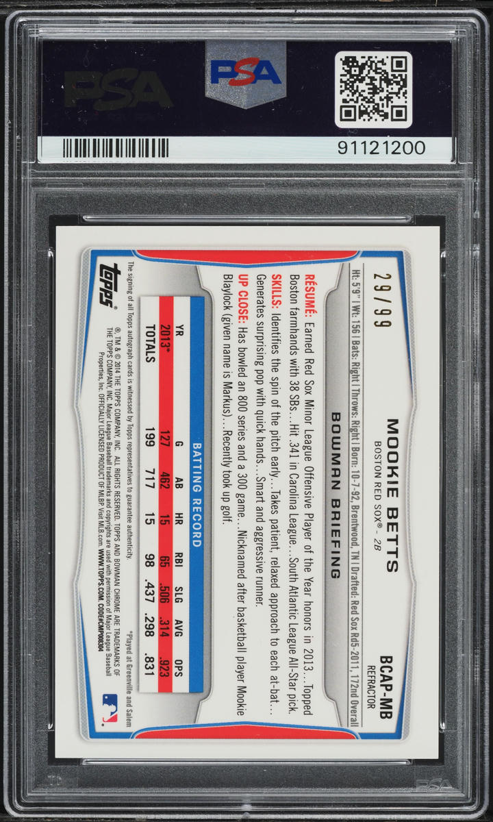 2014 Bowman Chrome Black Refractor Mookie Betts ROOKIE AUTO /99 #BCAP-MB PSA 10