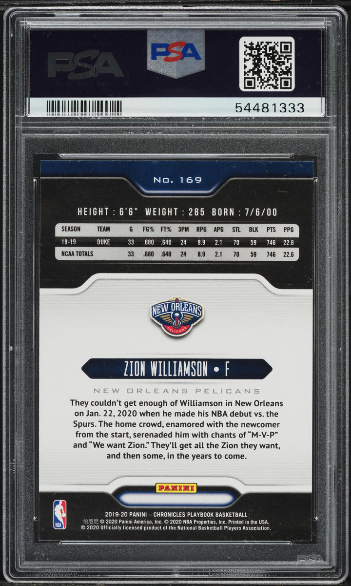 2019 Panini Chronicles Playbook Zion Williamson ROOKIE #169 PSA 10 GEM MINT