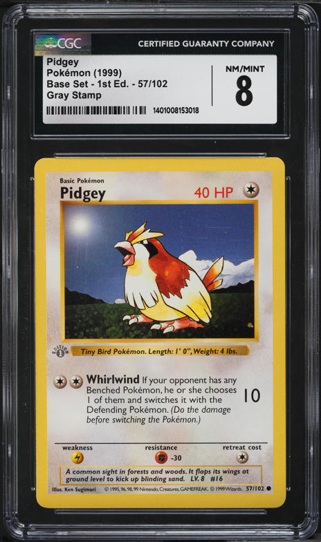 1999 Pokemon Base Set Shadowless 1st Edition Gray Stamp Pidgey #57 CGC 8 NM-MT