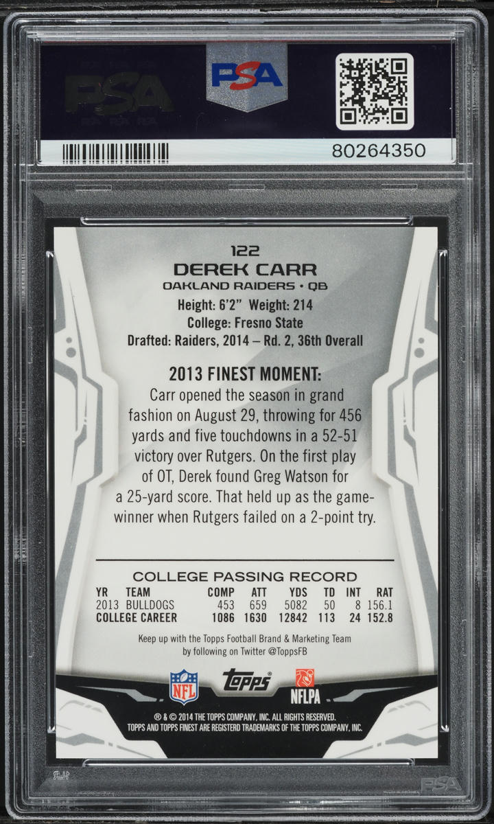 2014 Finest Red Refractor Derek Carr ROOKIE /50 #122 PSA 10 GEM MINT