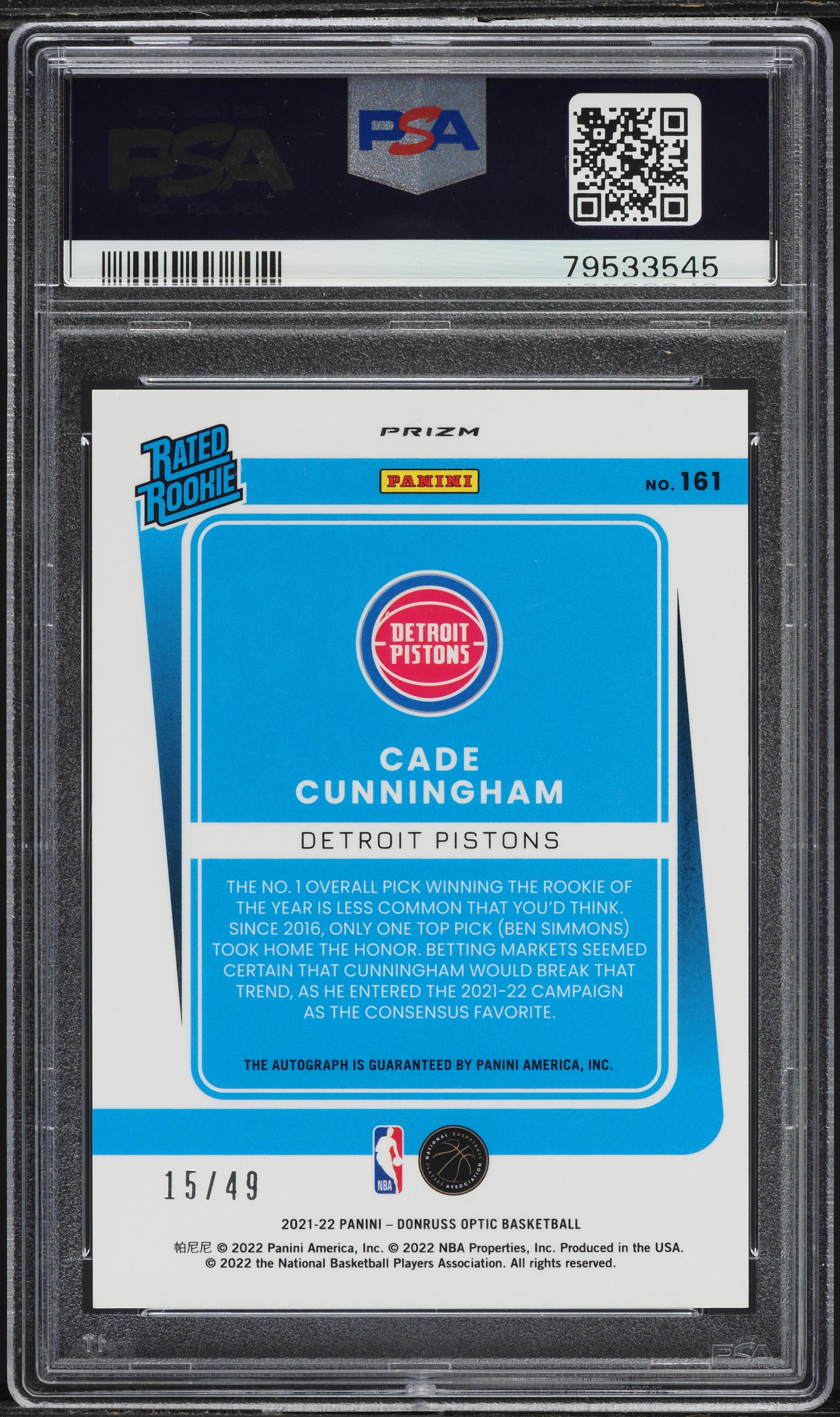 2021 Panini Donruss Optic Blue Cade Cunningham ROOKIE AUTO /49 