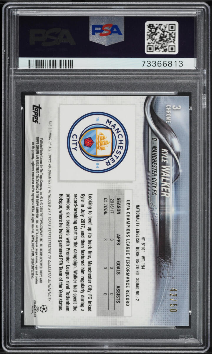 2017 Topps Chrome UEFA Gold Refractors Kyle Walker AUTO /50 #3 PSA 10 GEM MINT