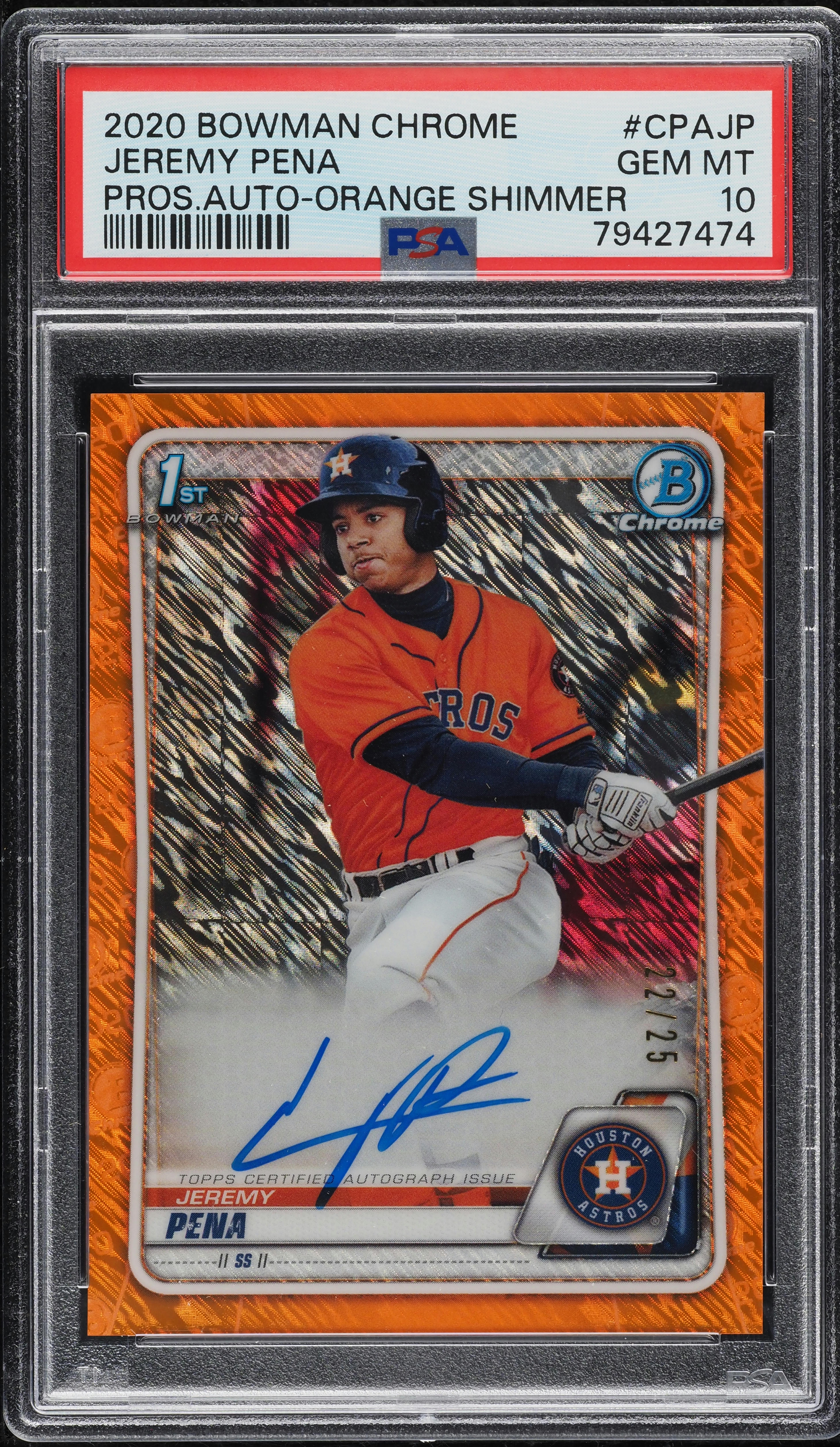 2020 Bowman Chrome Orange Shimmer Jeremy Pena ROOKIE AUTO /25 PSA