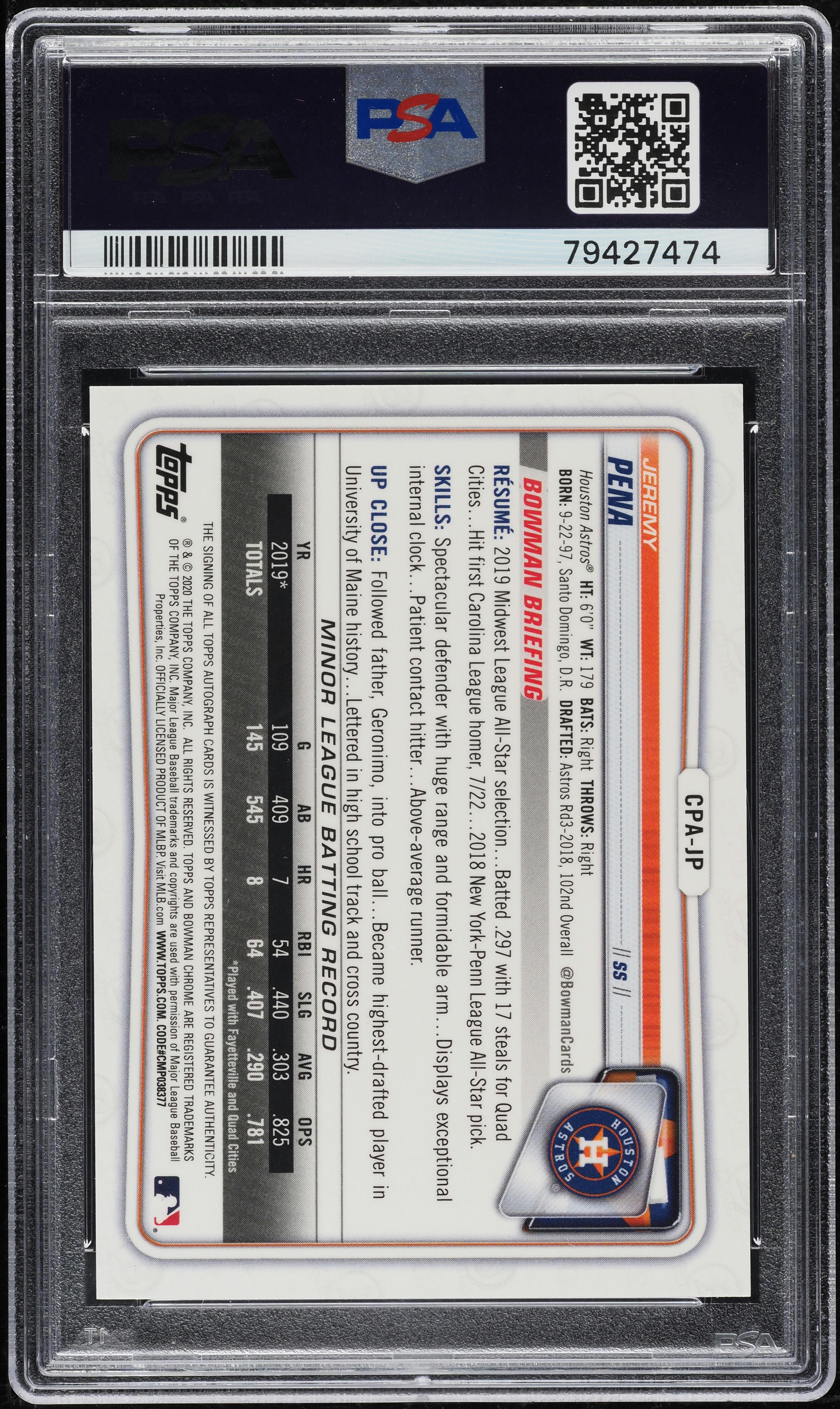 2020 Bowman Chrome Orange Shimmer Jeremy Pena ROOKIE AUTO /25 PSA