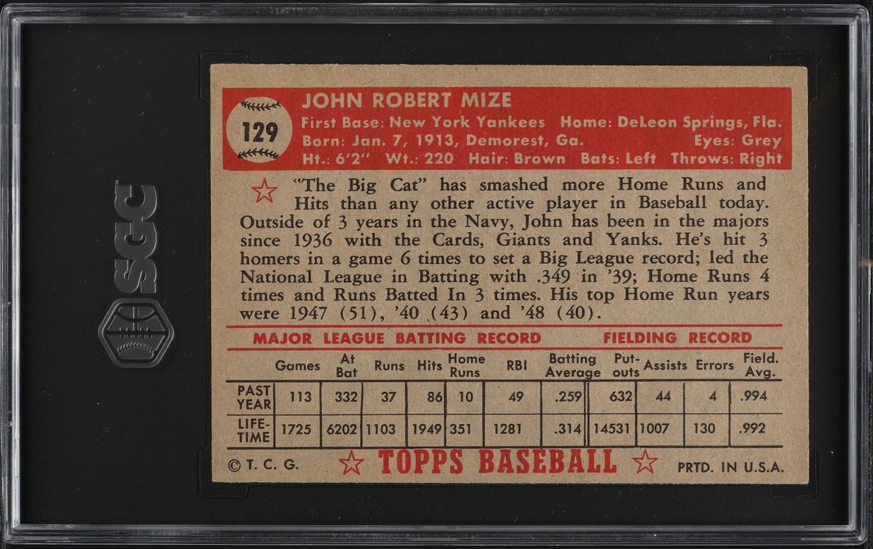 1952 Topps Johnny Mize #129 SGC 5 EX
