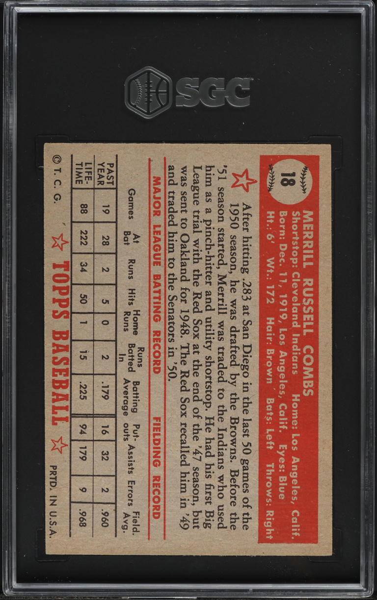 1952 Topps Merrill Combs RED BACK #18 SGC 6.5 EXMT+