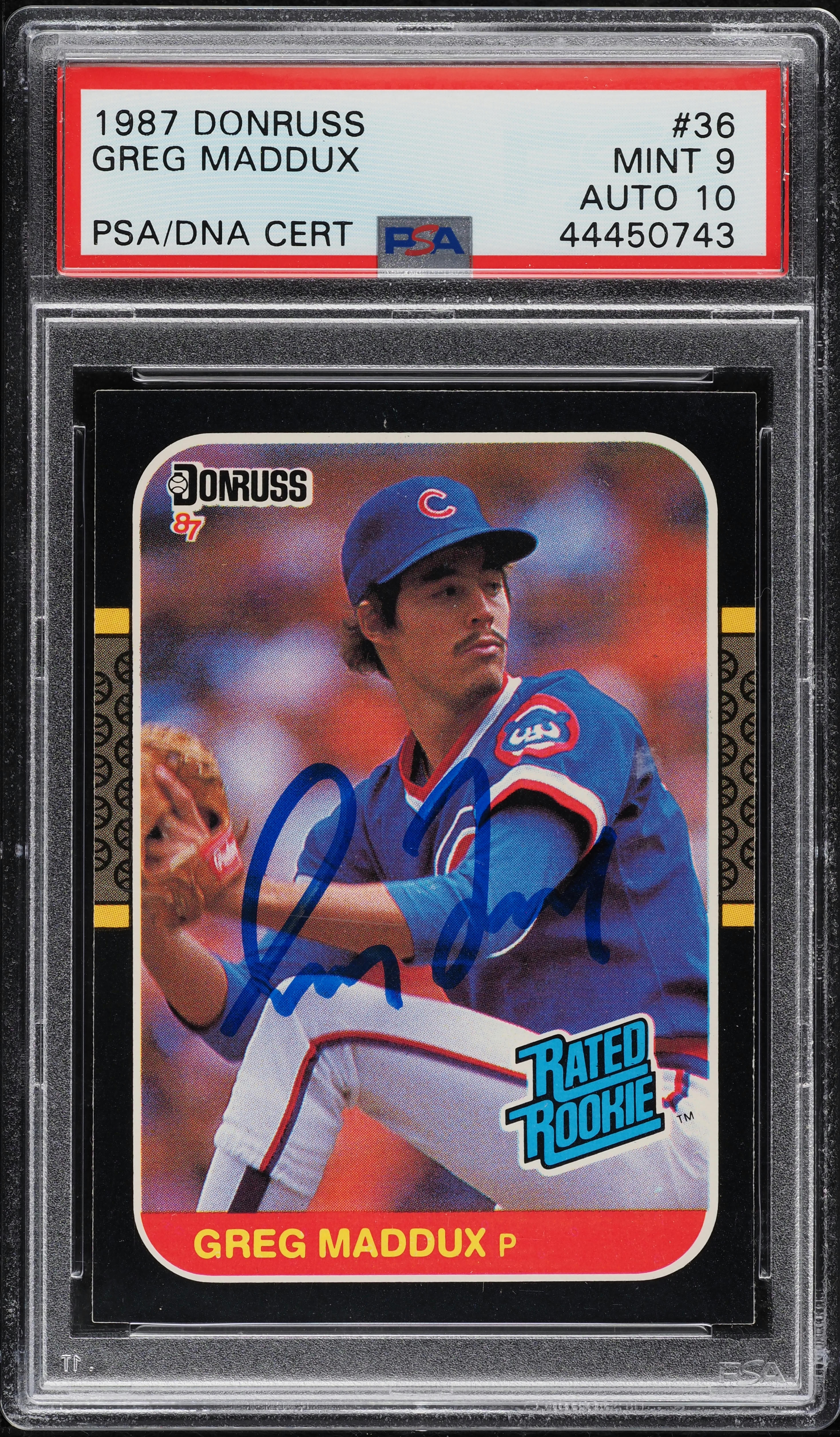 1987 Donruss Greg Maddux ROOKIE AUTO DNA 10 #36 PSA 9 MINT on