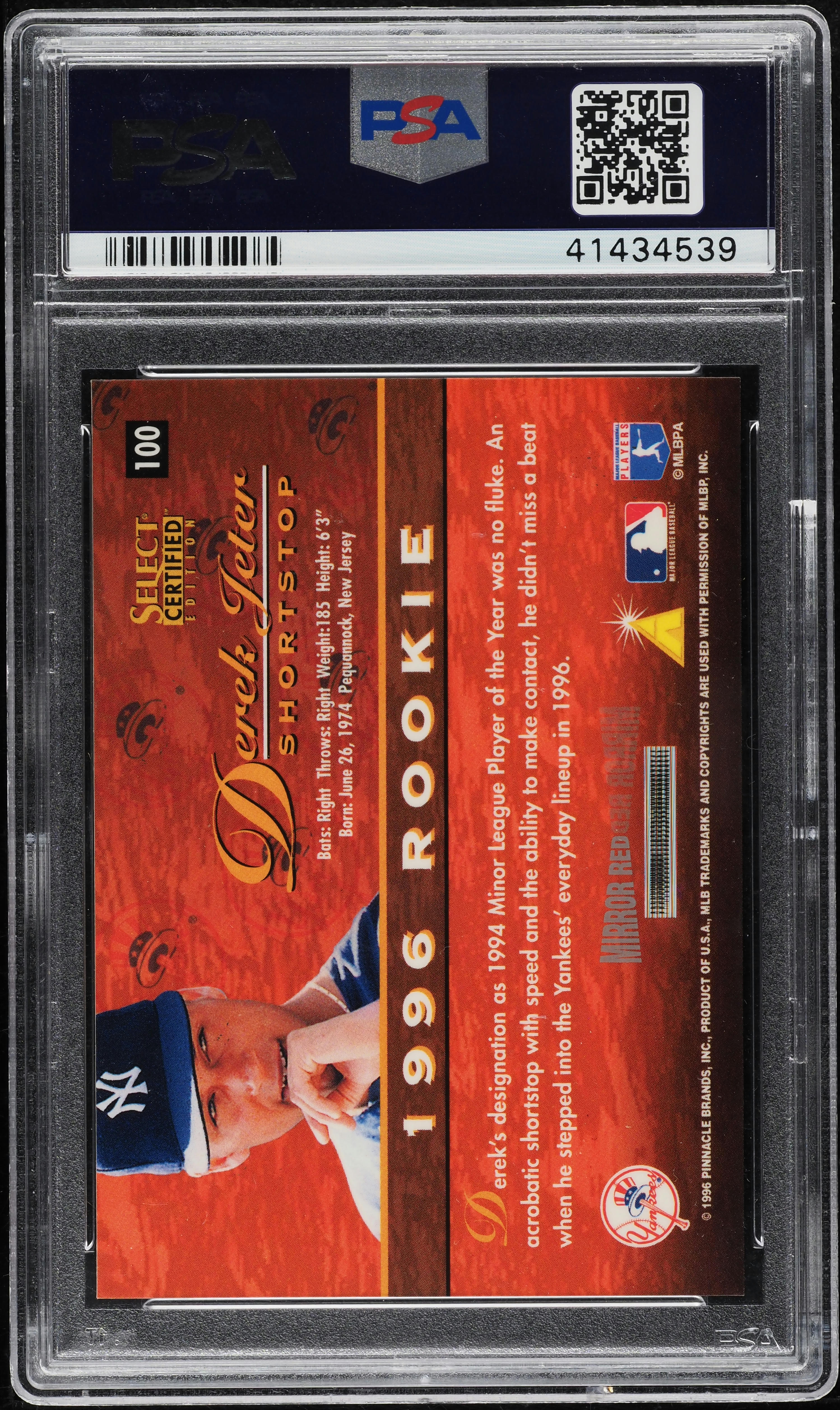 1996 Select Certified Mirror Red Derek Jeter ROOKIE #100 PSA 9
