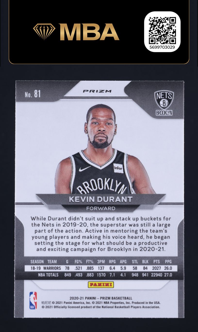 2020 Panini Prizm Green Kevin Durant #81 MBA AUTH