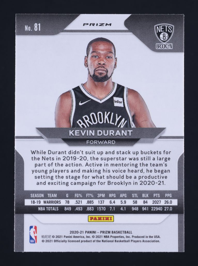2020 Panini Prizm Green Kevin Durant #81 MBA AUTH