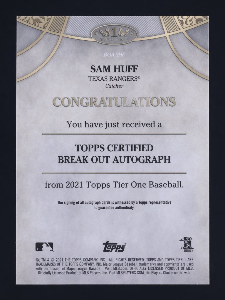 2021 Topps Tier One Break Out Sam Huff ROOKIE AUTO /300 #BOA-SHF MBA AUTH