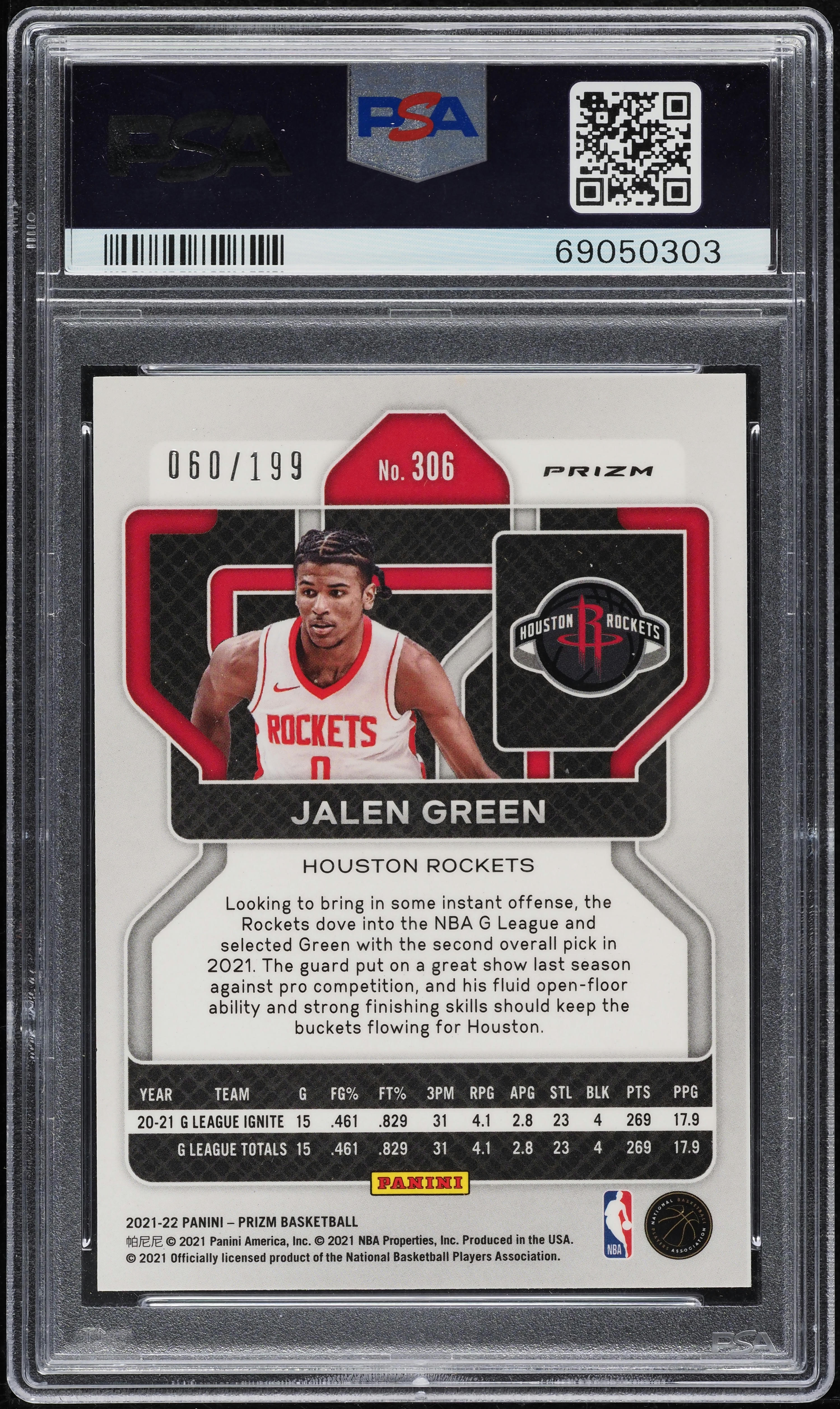 2021 Panini Prizm Blue Jalen Green ROOKIE /199 #306 PSA 10 GEM