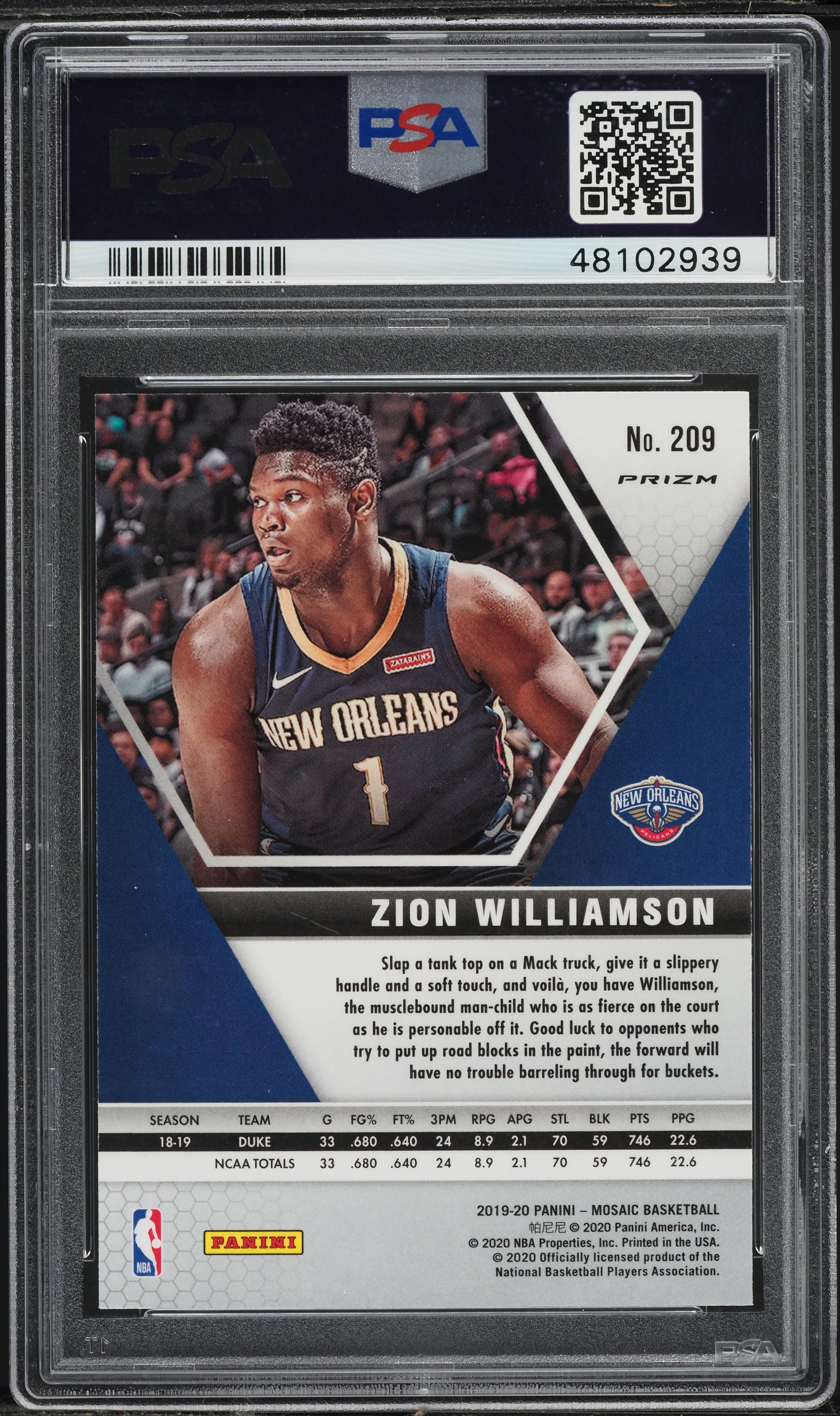 2019 Panini Mosaic Pink Camo Zion Williamson ROOKIE #209 PSA 10