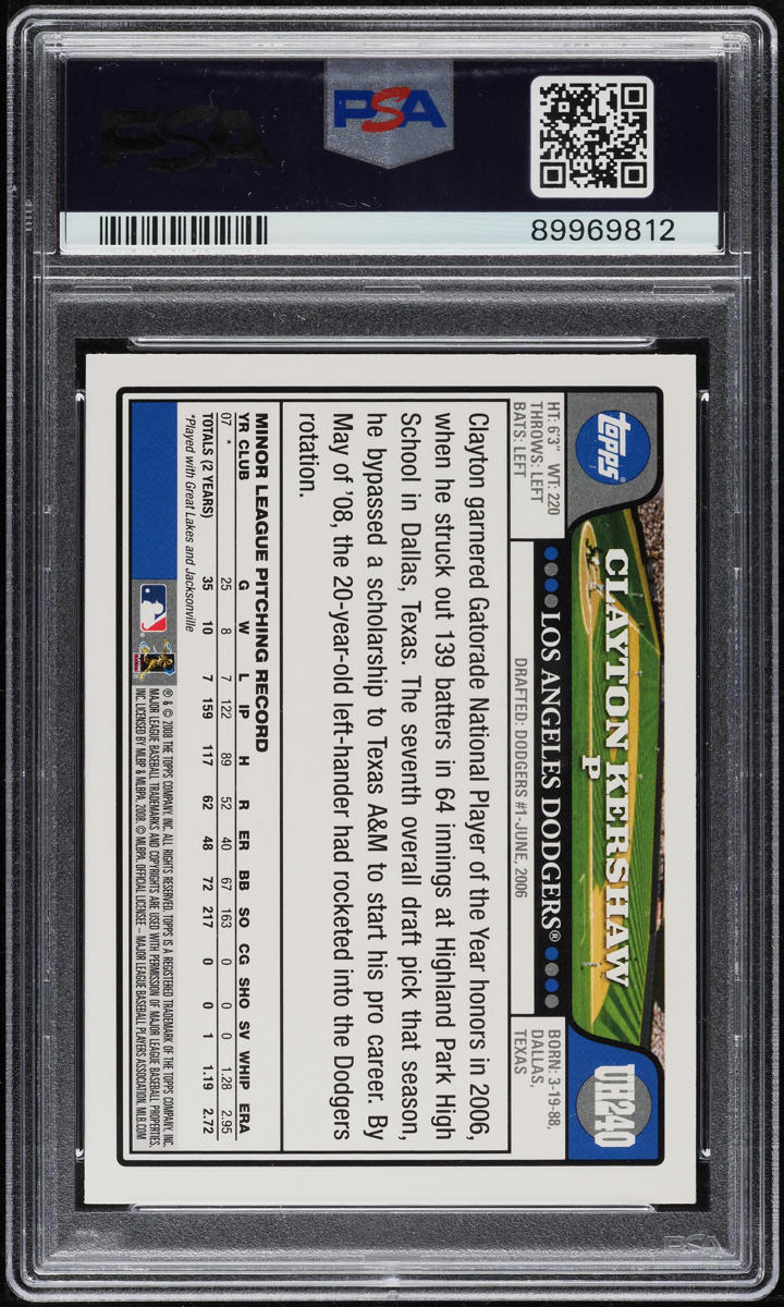 2008 Topps Update & Highlights Clayton Kershaw ROOKIE #UH240 PSA 10 GEM MINT