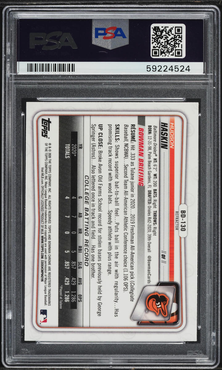 2020 Bowman Chrome Draft Refractor Hudson Haskin ROOKIE #BD-130 PSA 10 GEM MINT