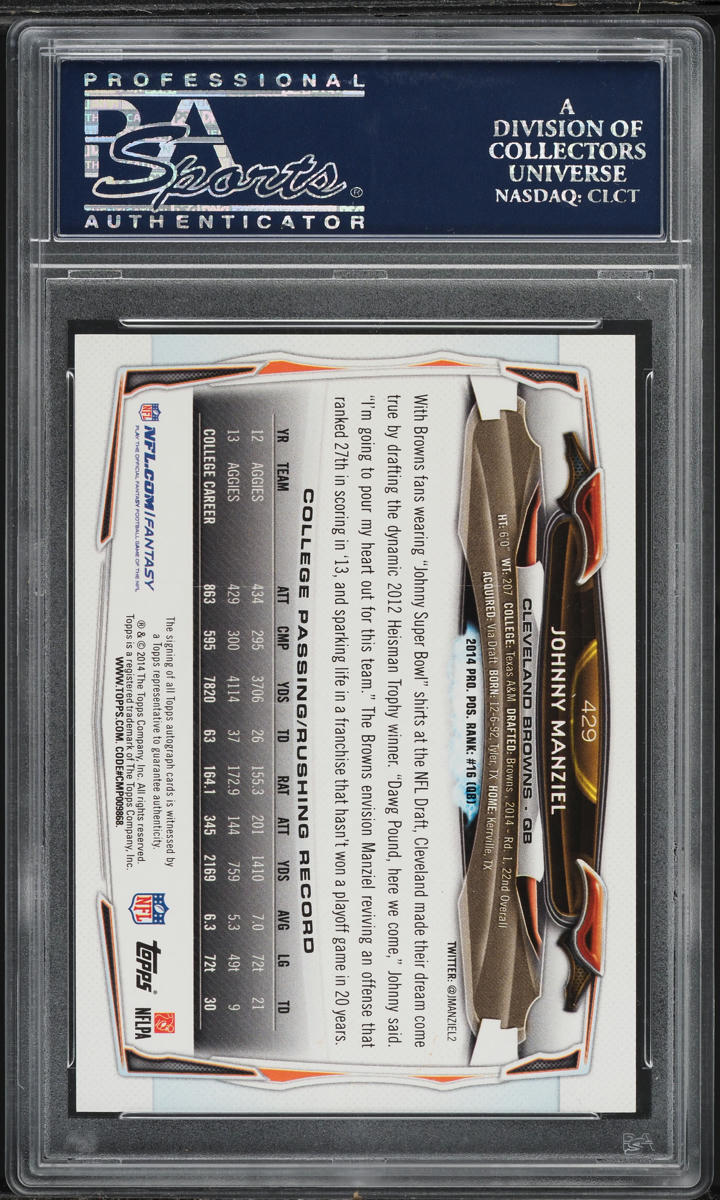 2014 Topps No Ball Johnny Manziel ROOKIE AUTO #429 PSA 10 GEM MINT