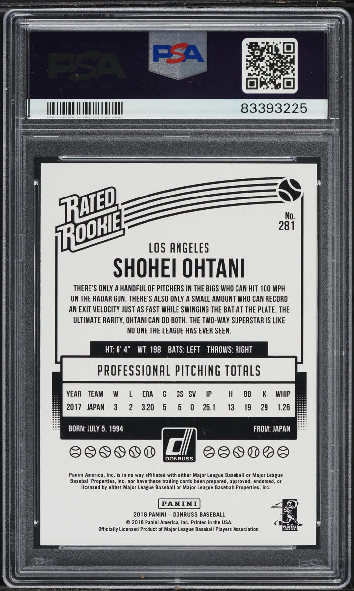 2018 Donruss Wrapper Redemption Japan Text Shohei Ohtani ROOKIE #281 PSA 10 GEM