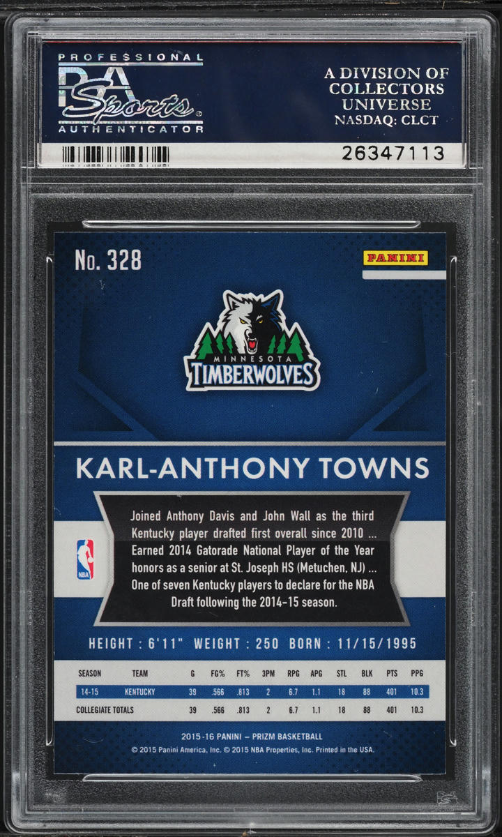 2015 Panini Prizm Karl-Anthony Towns ROOKIE #328 PSA 10 GEM MINT