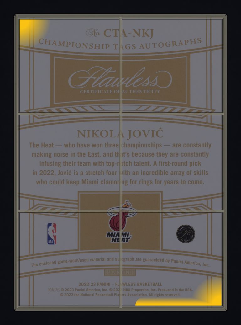 2022 Panini Flawless Championship Tags Nikola Jovic RC PATCH AUTO 1/2 MBA AUTH
